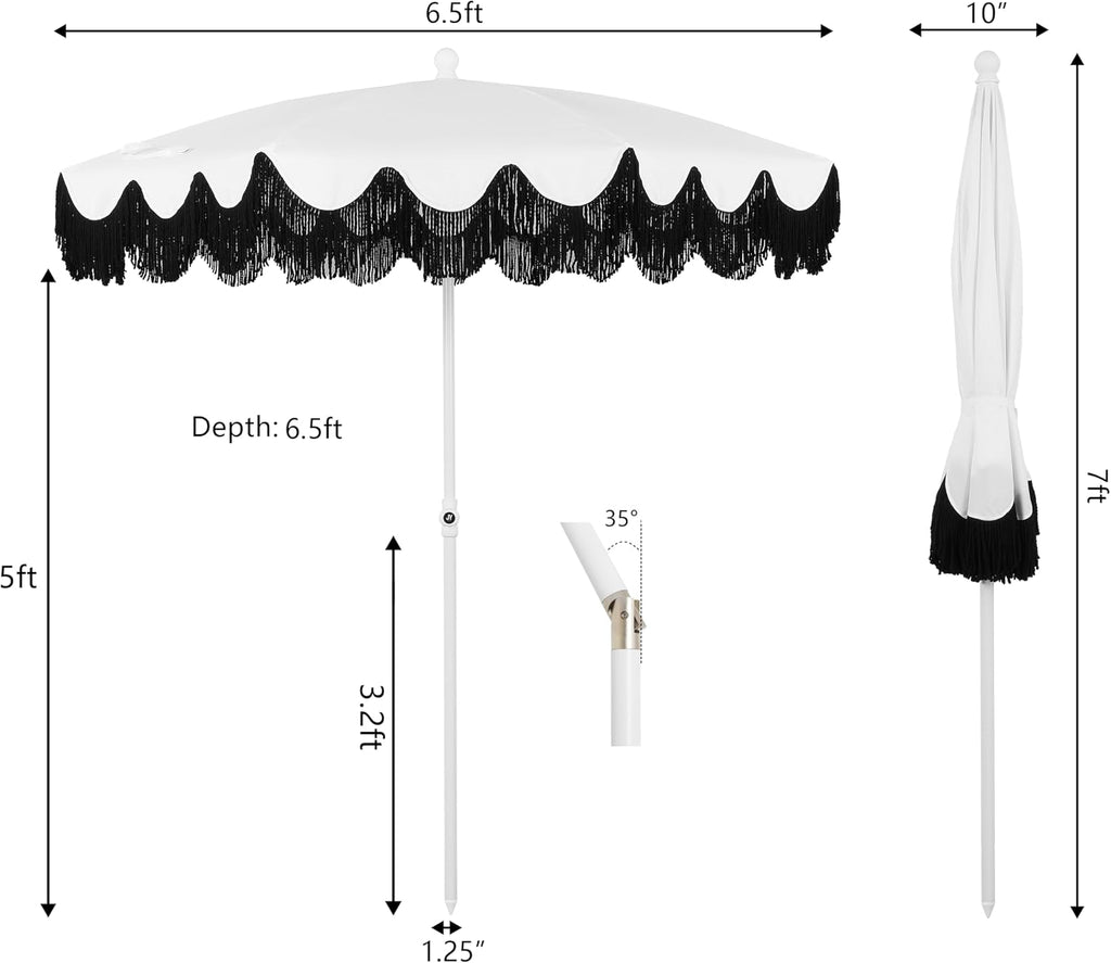 JONATHAN Y Mariner 6.5 ft. Solid Fringe Beach Umbrella, White/Black