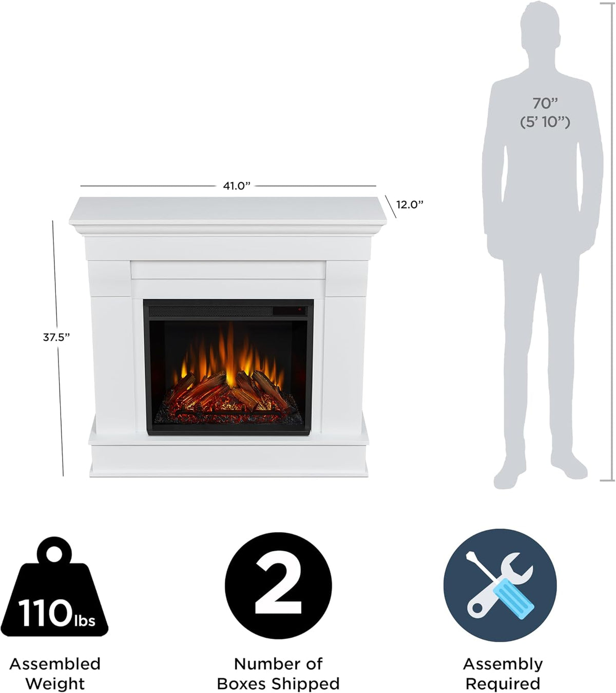 Real Flame Chateau 41” Electric Fireplace with Mantel for Living Room or Bedroom, Replaceable Fireplace Insert Heater, Realistic Log and Flame Effect, Remote Control, Timer