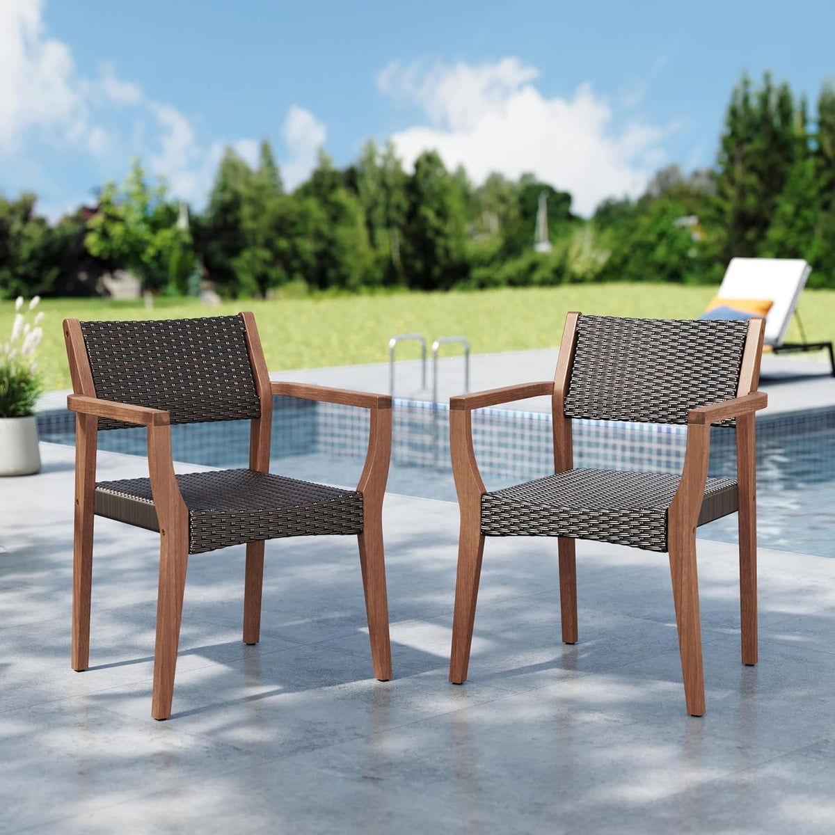 MFSTUDIO Patio Acacia Wood Dining Chairs w/Wicker Seat & Back, 2 PCS