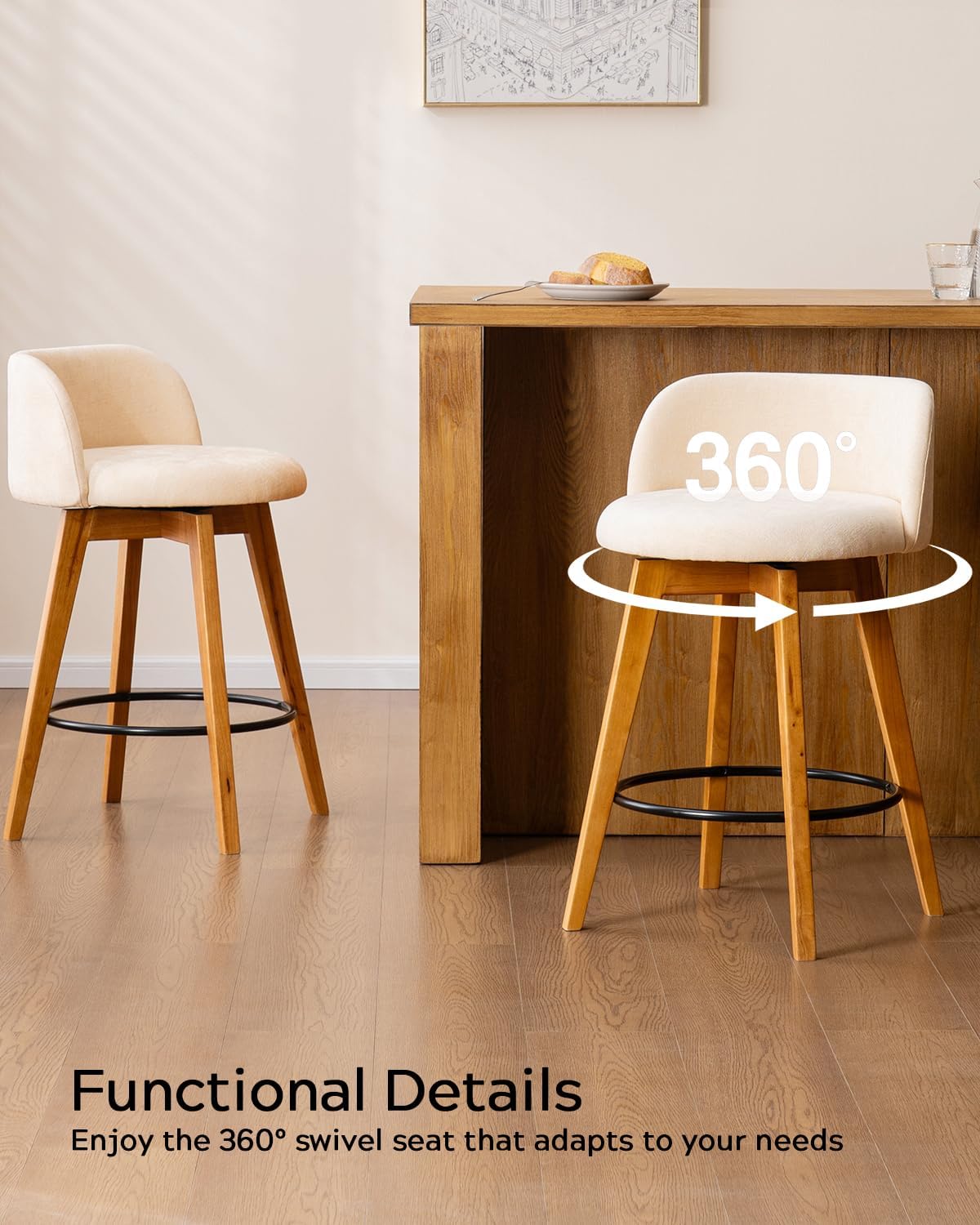 EYYTHUNG 26" Counter Height Bar Stools Set of 2 Mid Century Modern Farmhouse Swivel Barstools Chenille Fabric Upholstered Bar Height Island Chairs with Curved Backrest for Kitchen Island, Beige