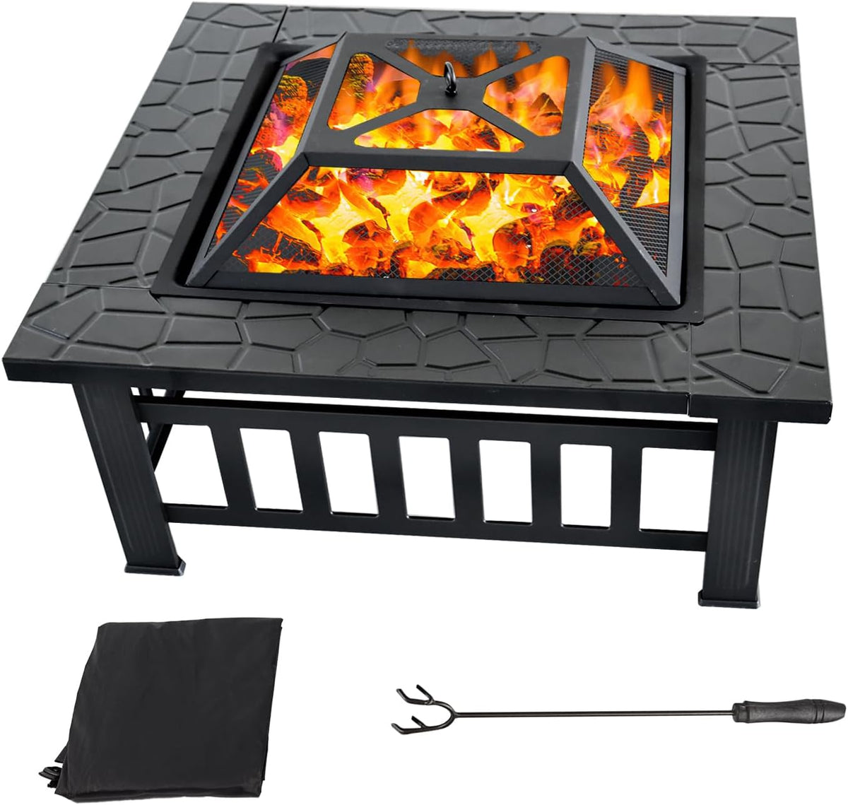 32-Inch Square Fire Pit, Wood Burning Fireplace/Firepit for Outside