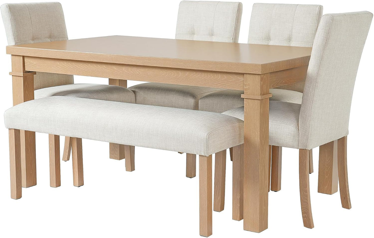 P PURLOVE 6 Piece Dining Table Set, Wood Rectangle Kitchen Table with 4 Upholstered Chairs 1 Bench for Dining Room and Living Room (Natural)
