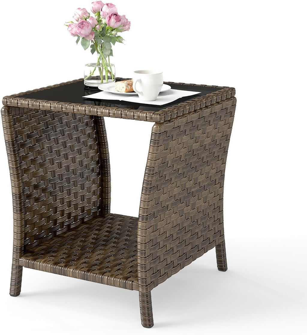 Outdoor Wicker Side Table, Rattan End Table, Glass Top,Patio Garden