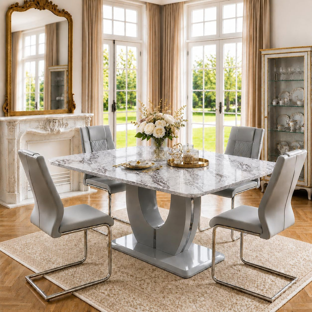 JUFU Dining Table Set for 4, 63" Faux Marble Dining Room Table Set with 4 Light Grey PU Leather Chairs, Modern Kitchen Table and Chairs Set, Rectangular Kitchen Table Set for Apartment, Dining Room (5-Piece)