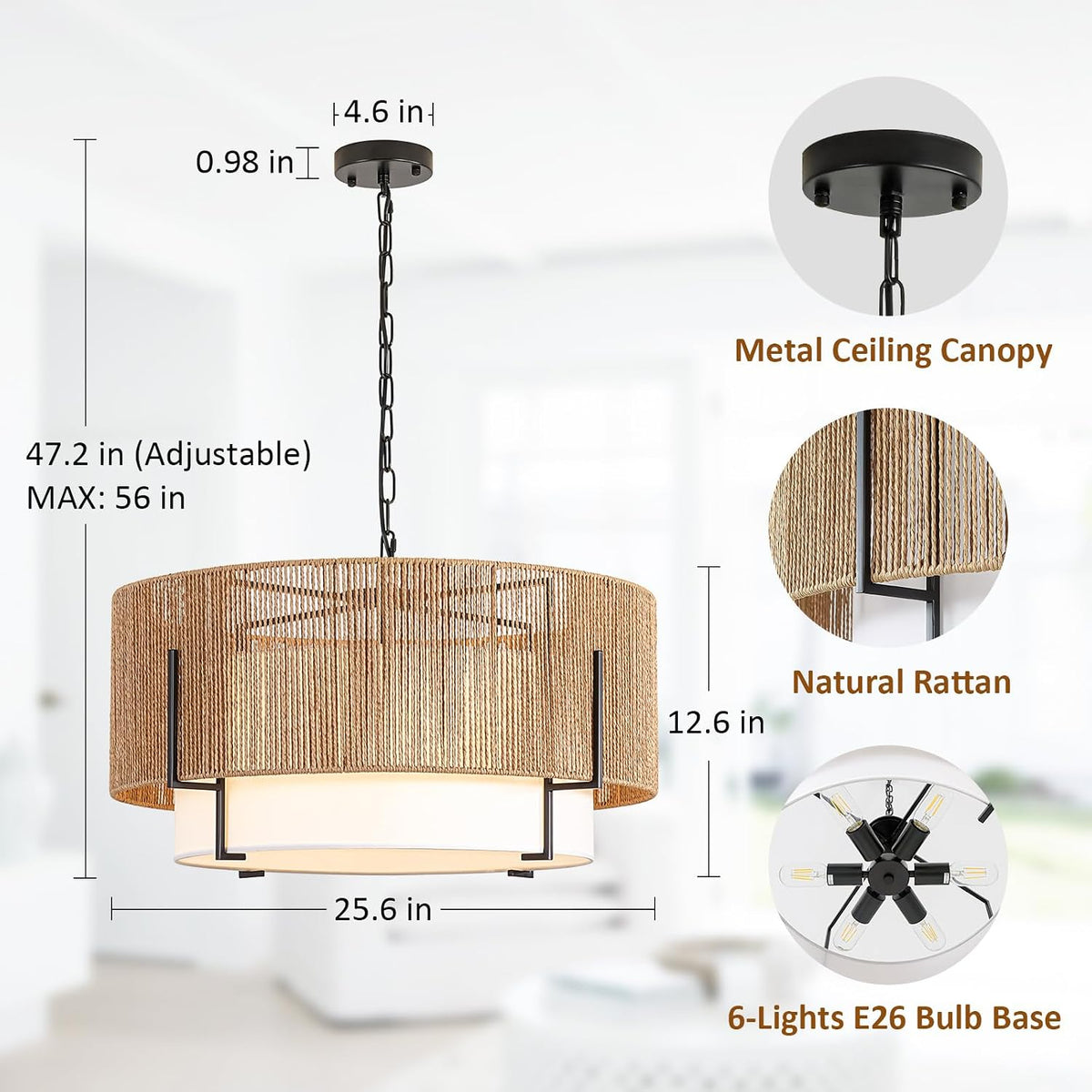 25.6" large rattan chandelier for dining room, 6-light, close-up detail