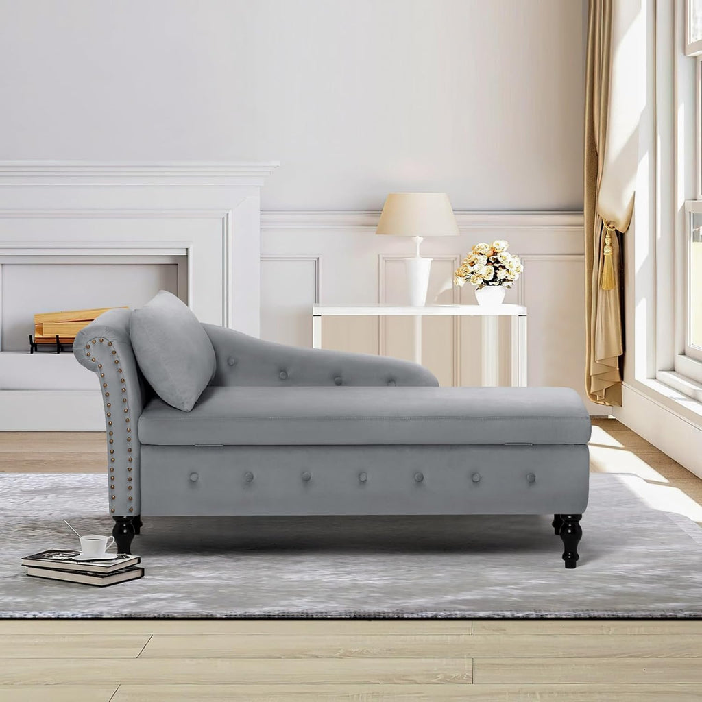 Velvet Chaise Lounge w/Left Armrest & Storage Space, Grey