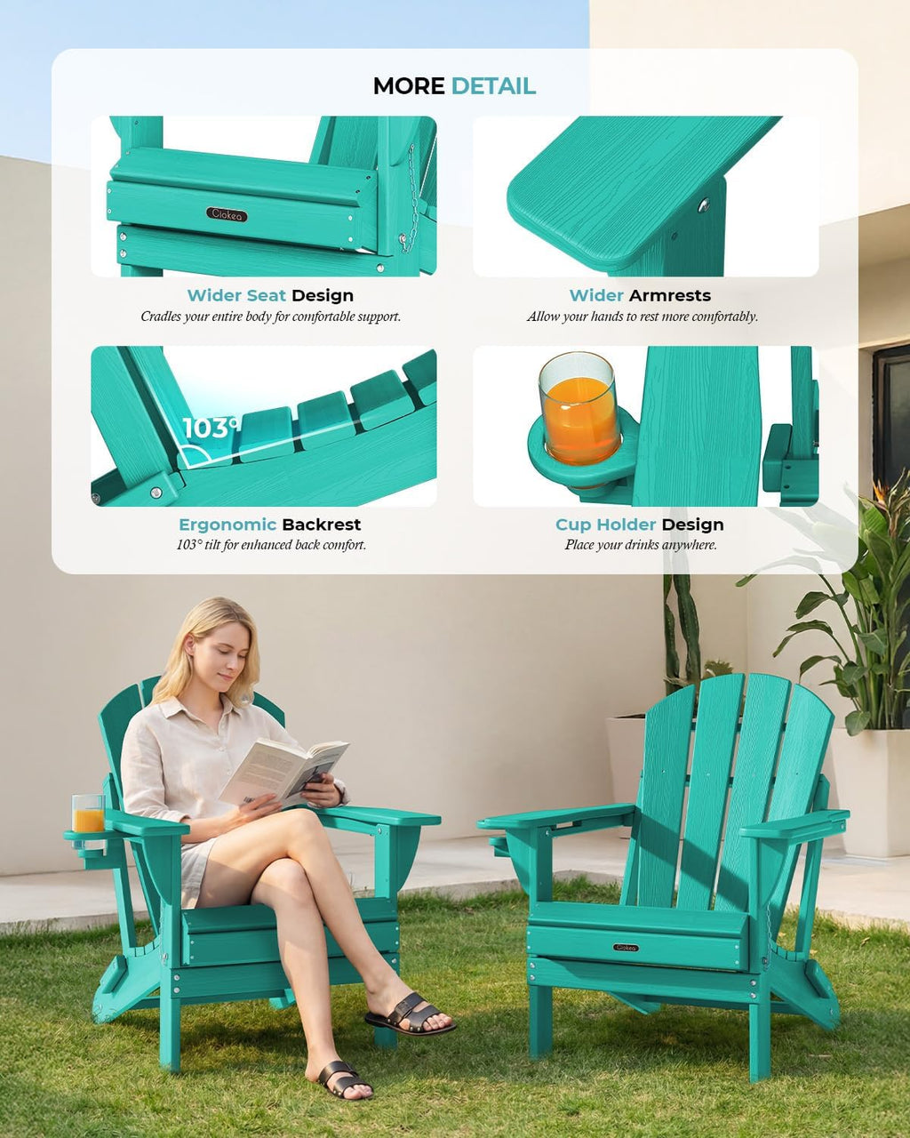 Ciokea Folding Adirondack Chairs Set of 4 HDPE All-Weather, Lake Blue