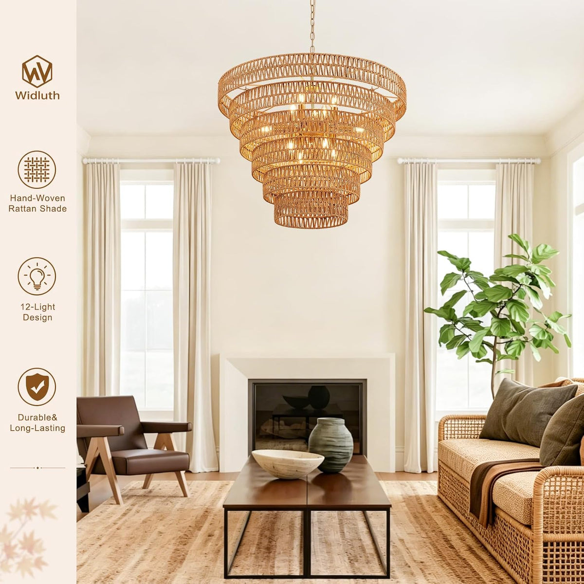 31.5" large gold rattan chandelier, 12-light hand-woven 6-tier, package contents