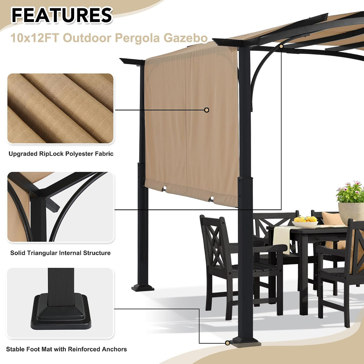 mastercanopy 10x10 ft heavy duty pergola with sun, close-up detail