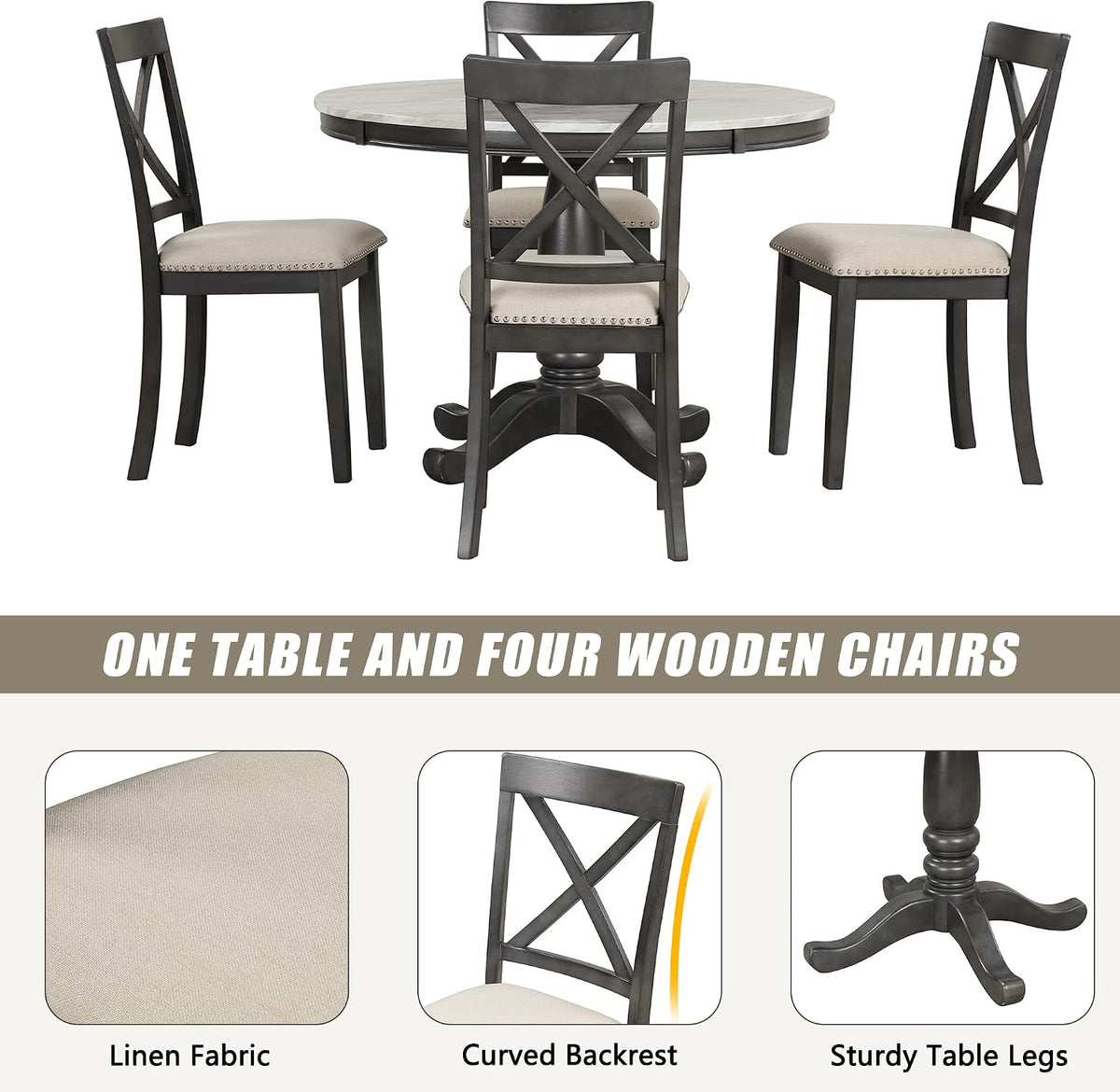 LUMISOL Round Dining Table Set for 4, Farmhouse Kitchen Table Set with Faux Marble Table Top & 4 Upholstered Chairs for Kitchen, Dining Room, Small Space, Muddy Gray