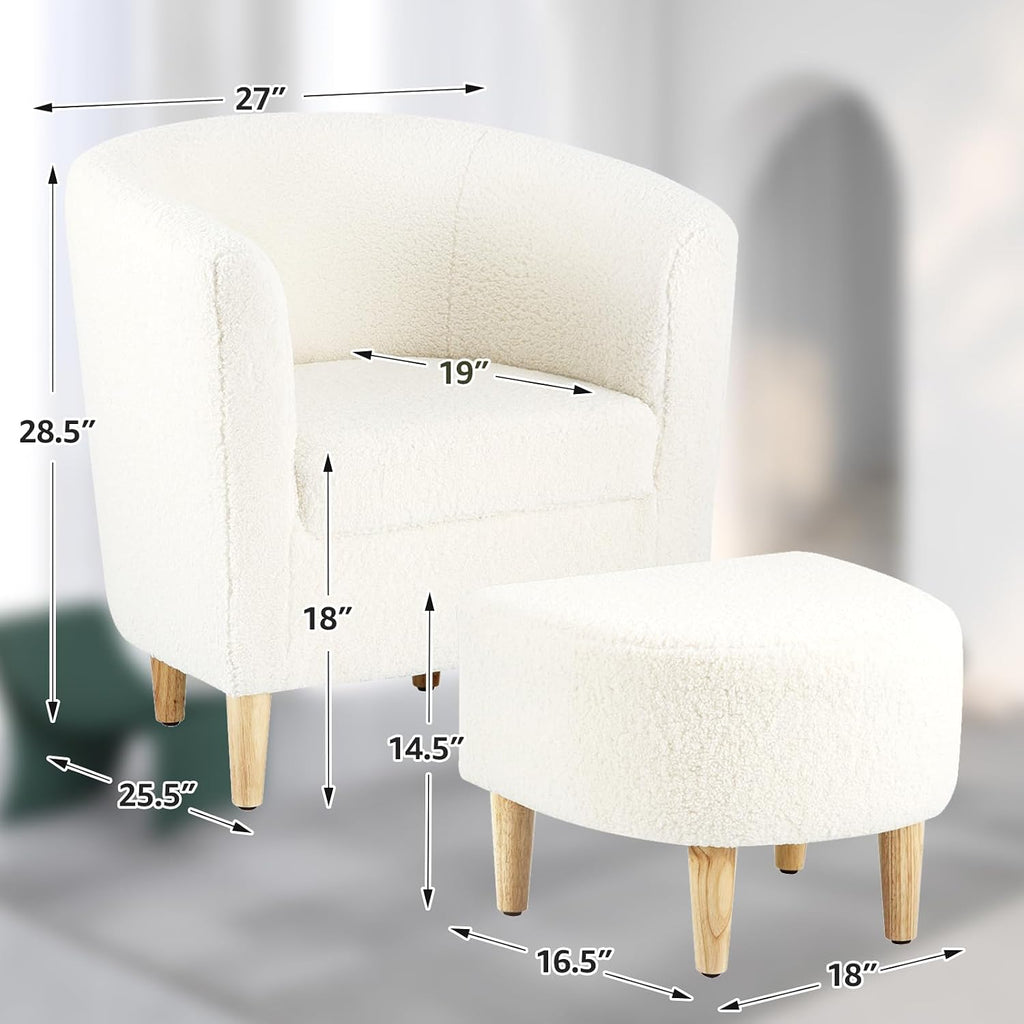 DAZONE Sherpa Accent Chairs Set of 2 White Teddy Barrel Chair with Ottoman