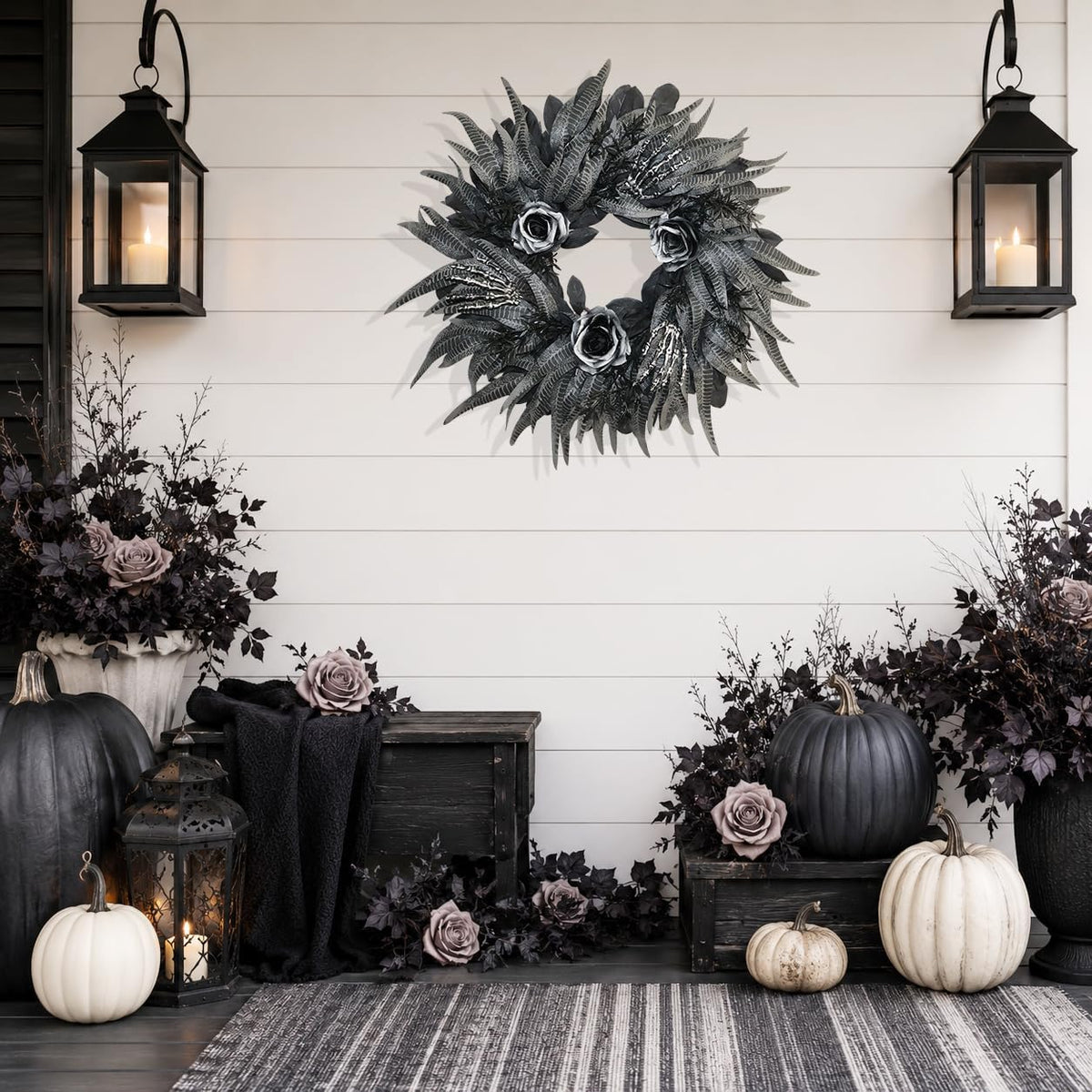 24 Inch Black and Silver Rose Halloween Wreath with 3 Skeleton Hands