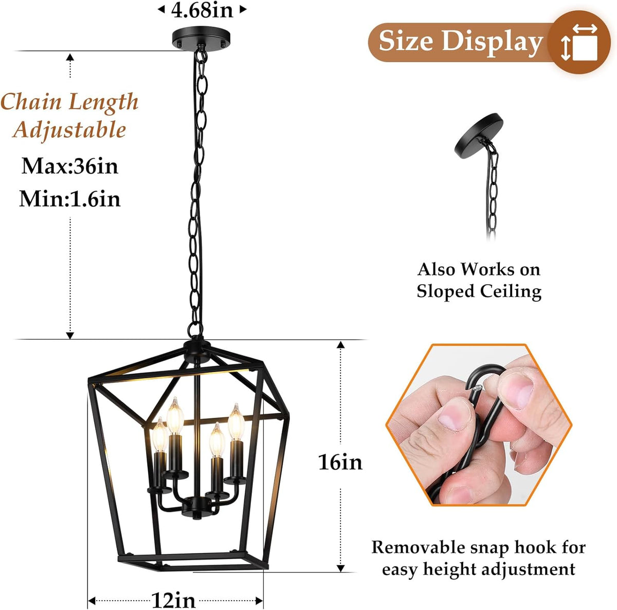 Black Farmhouse Chandelier, 4-Light Foyer Lighting Fixtures for Dining Room