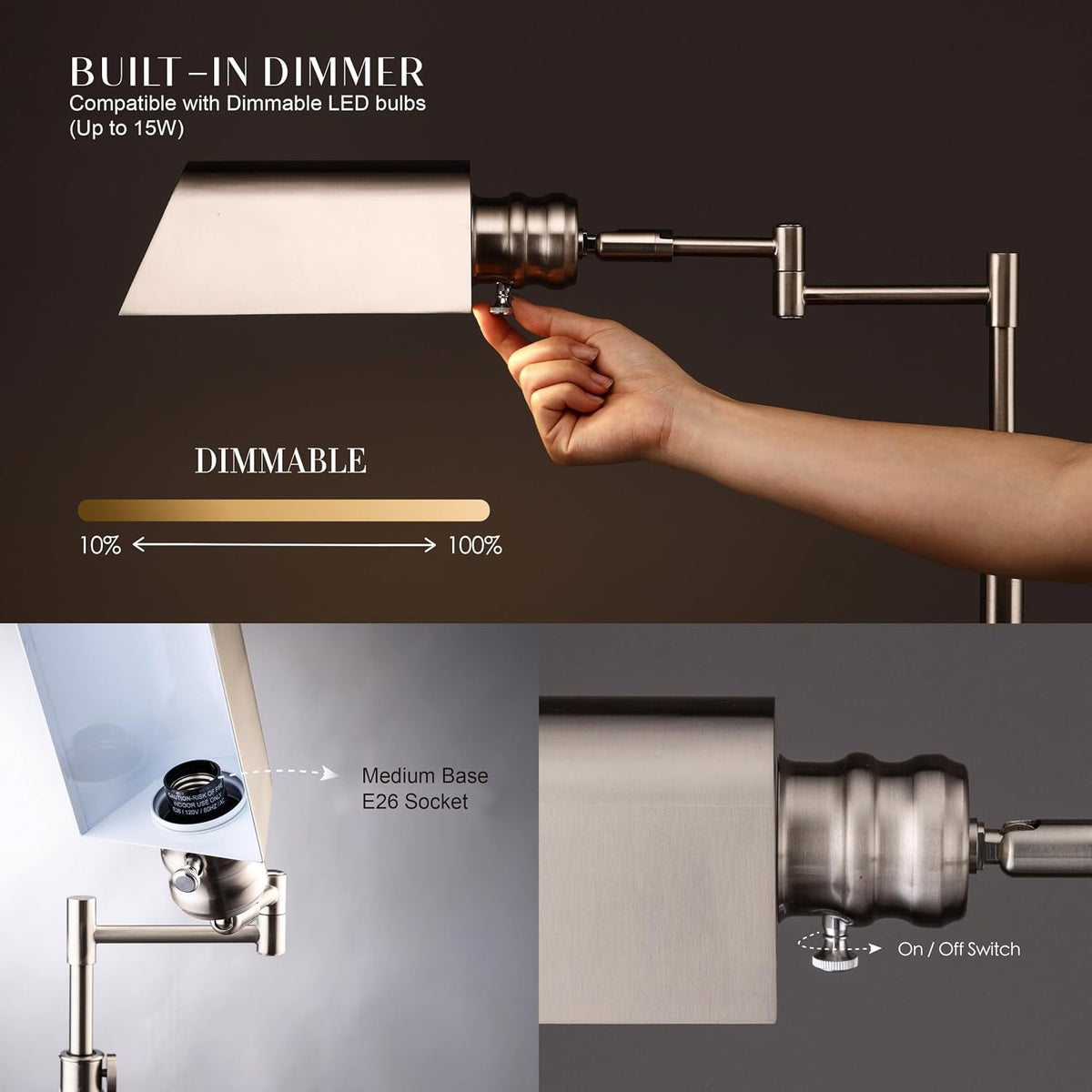 O’Bright Arcadia - Pharmacy Floor Lamp, Full Range Dimming, Swing Arm Task Lamp, E26 Socket, Bulb Replaceable, Adjustable Height 47” to 55”, 360° Rotatable Shade, All-Metal Design, Brushed Nickel