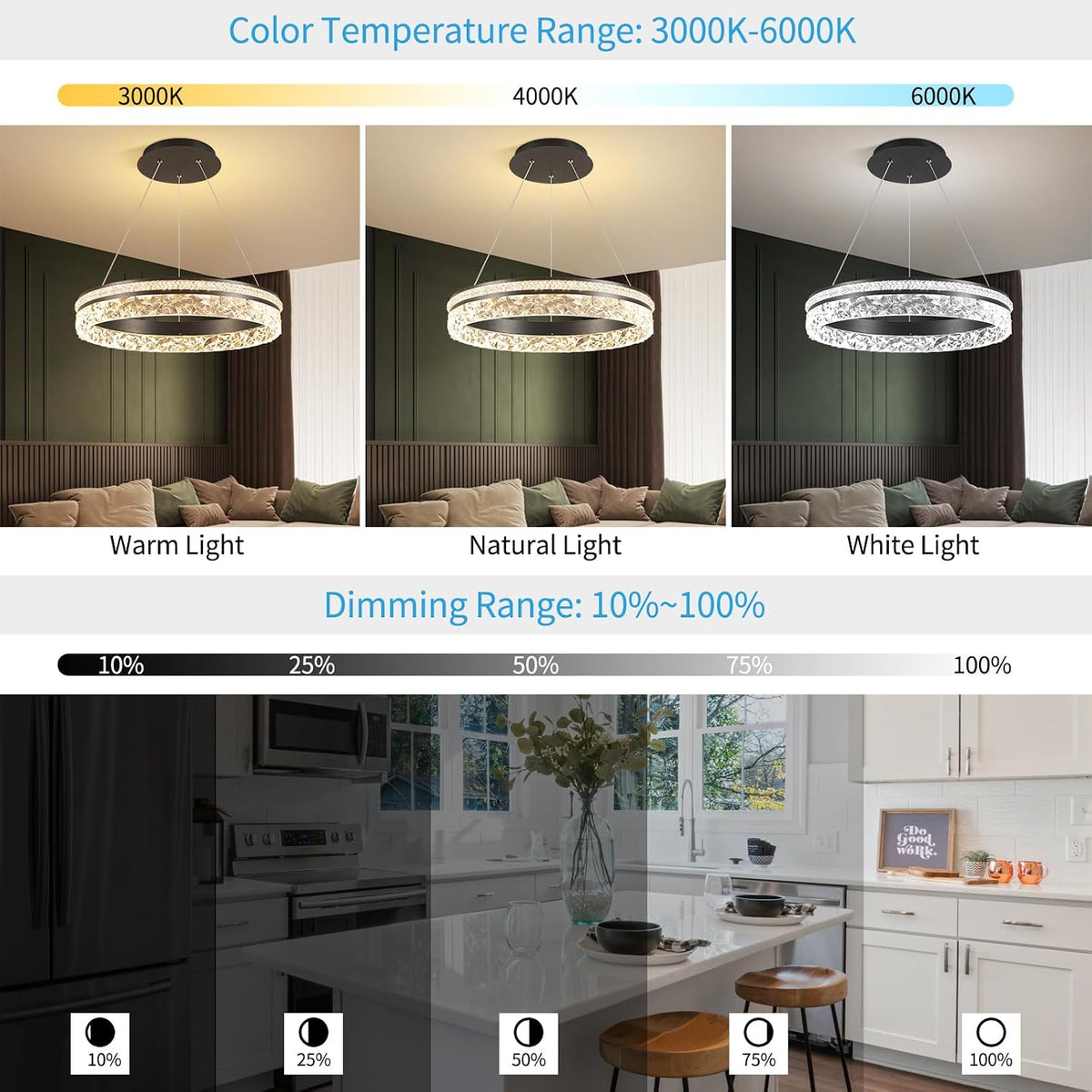 Modern LED Chandelier 1 Ring 19.7in Pendant Lighting for Kitchen Island 50W Dimmable LED Pendant Ceiling Light Black Hanging Light Fixtures with Remote for Kitchen Dining Room Bedroom Living Room