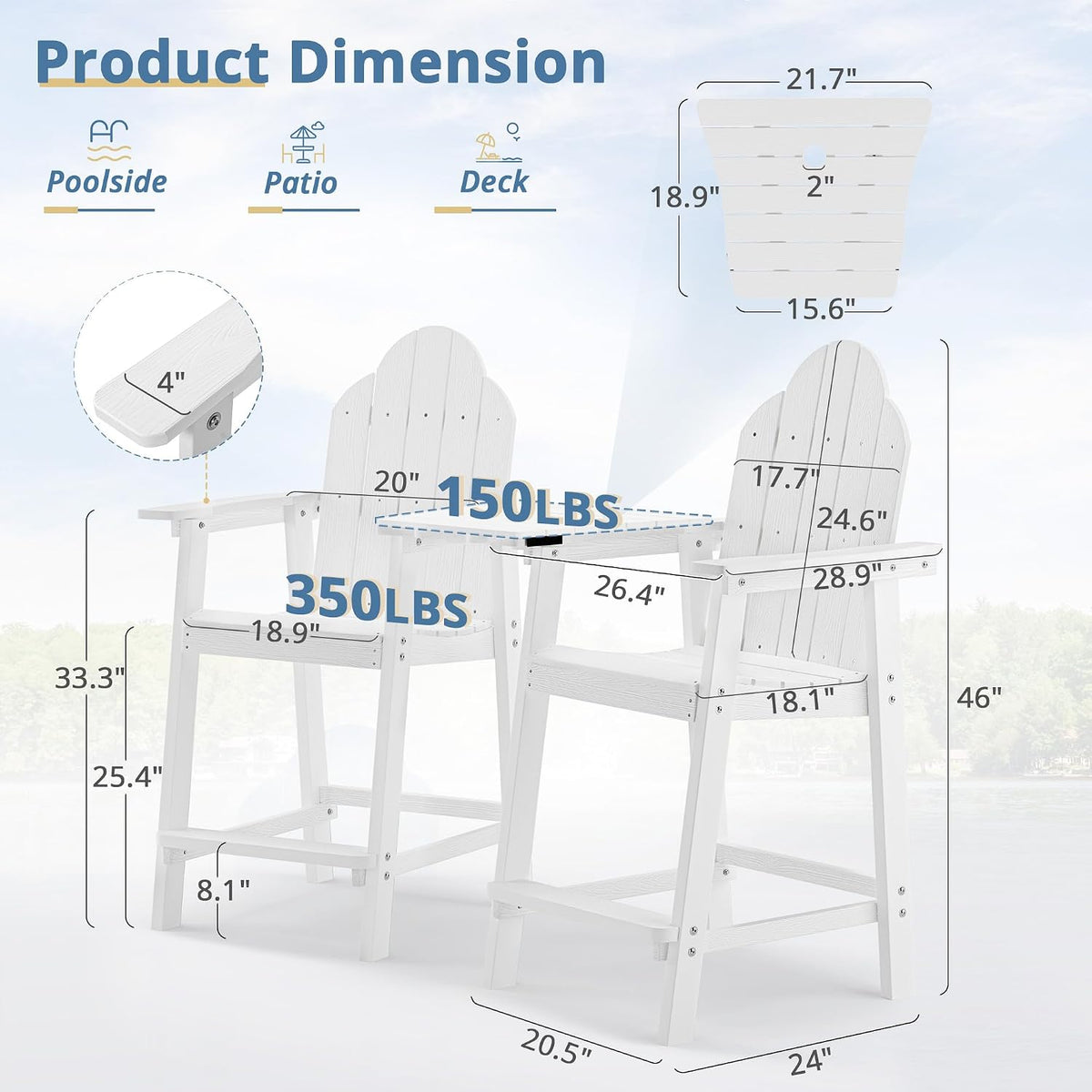 LUE BONA Tall Adirondack Chair Set of 4, HDPS Bar Height Chairs, White