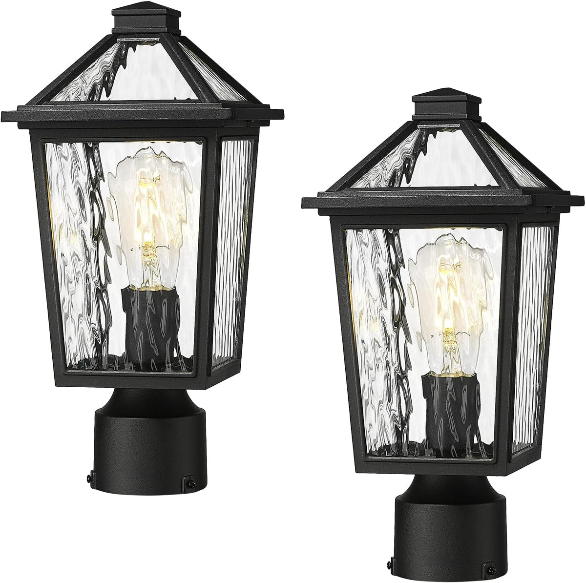 zeyu 13.4 Inch Outdoor Patio Post Lighting, Exterior 2 Pack Post Light Fixtures for Patio Yard, Die-Cast Aluminum with Water Ripple Glass, Black Finish, ZX58P-2PK-SW BK
