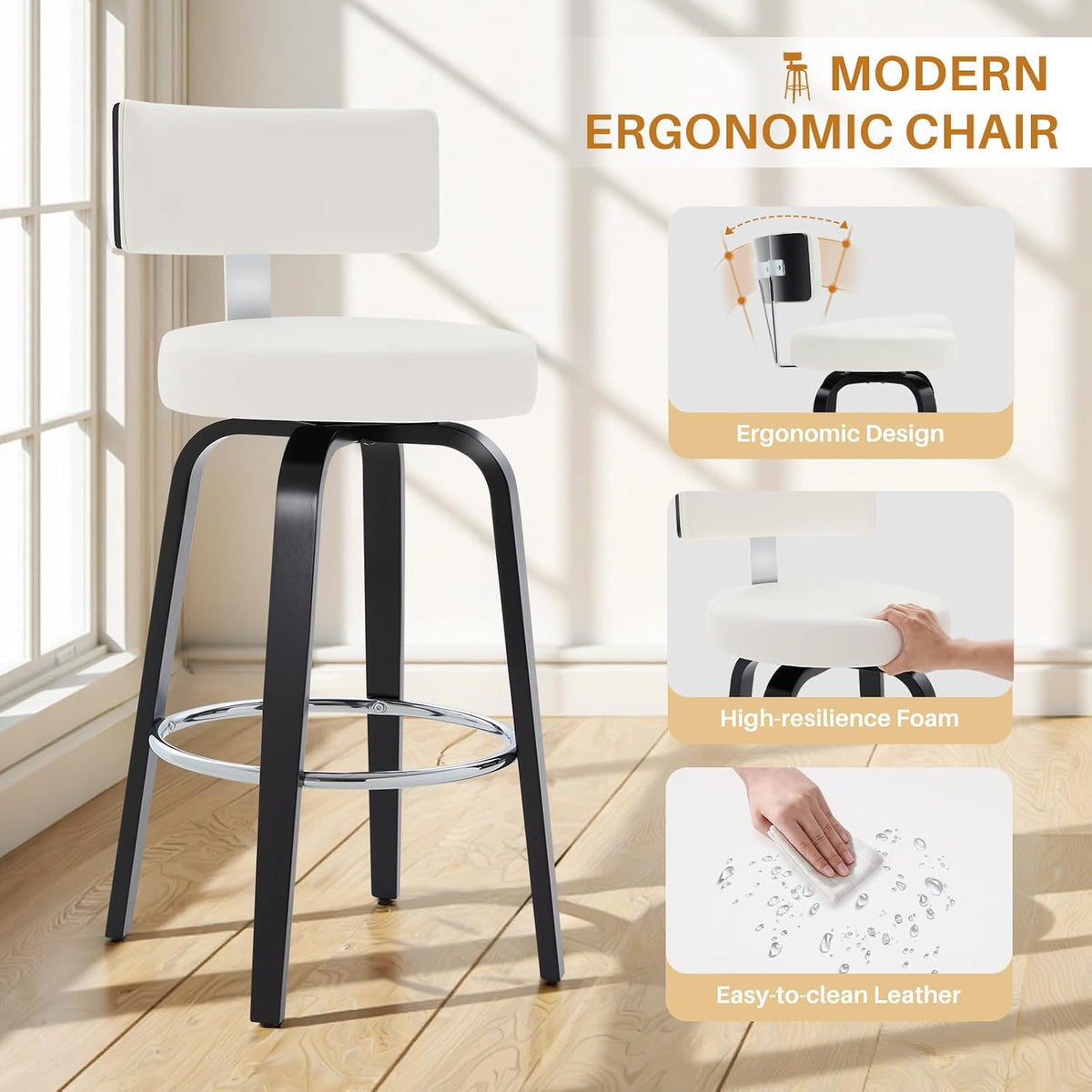 29" Bar Height Swivel Bar Stools Set of 2 with Back, White