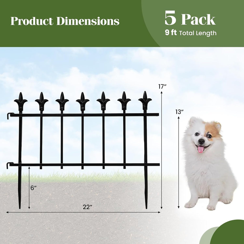 Giantex 5 Panels Decorative Metal Garden Fence, 9 FT No Dig Garden Border Fence with Fleur-de-Lis Finials, 17" H Heavy Duty Flower Bed Edging Fence, Folding Landscape Fencing for Yard, Pathway
