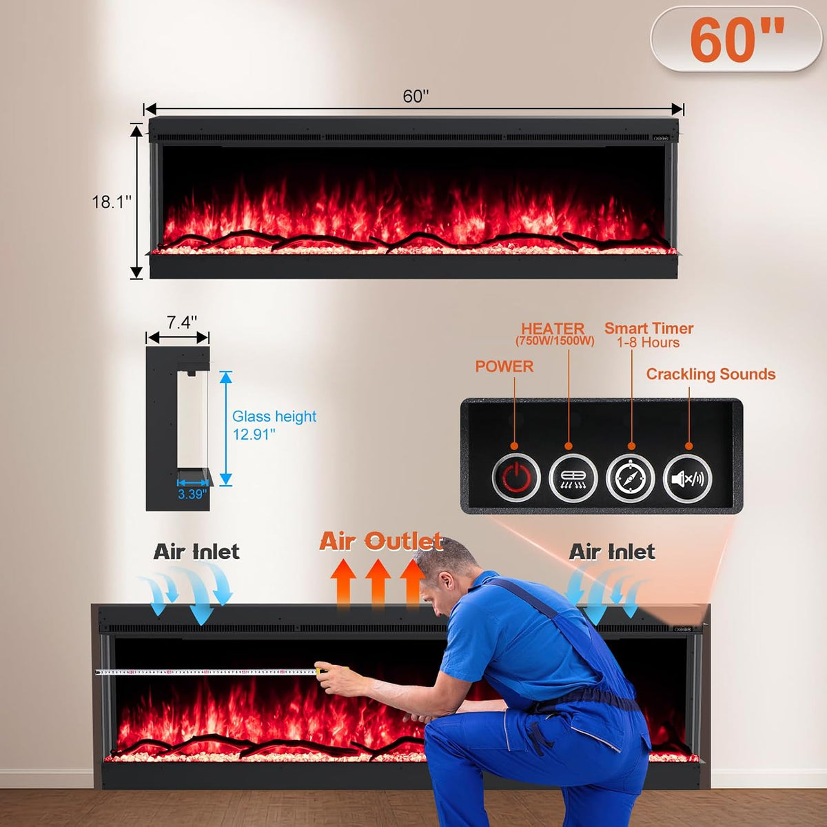 60" 3-Sided Electric Fireplace Recessed, Remote