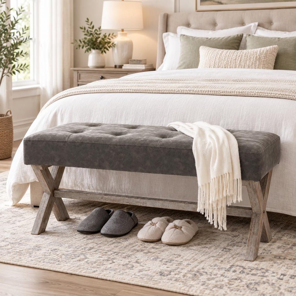 chairus 36" PU Leather Farmhouse Entryway Bench End of Bed Bench, Gray