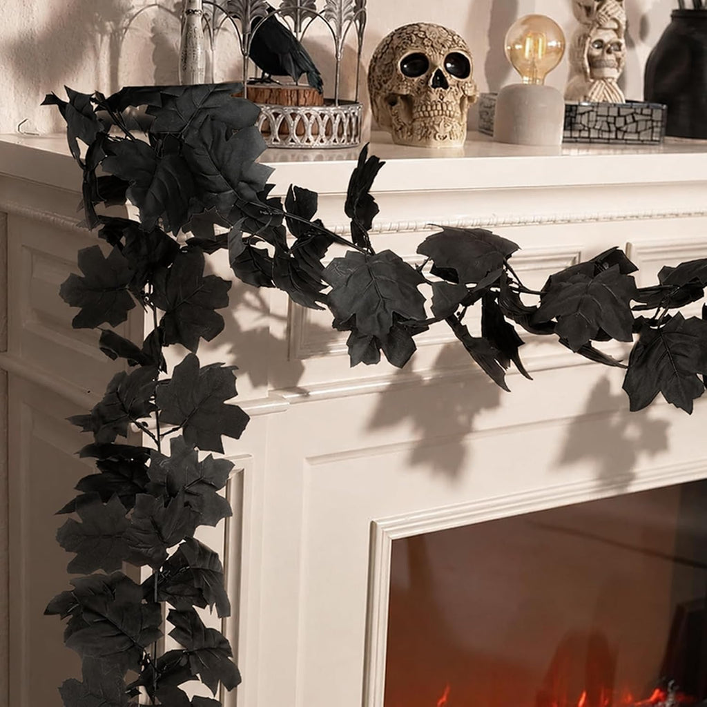 48FT Black Halloween Garland 8pcs Maple Leaf, Table Mantel Gothic Decor