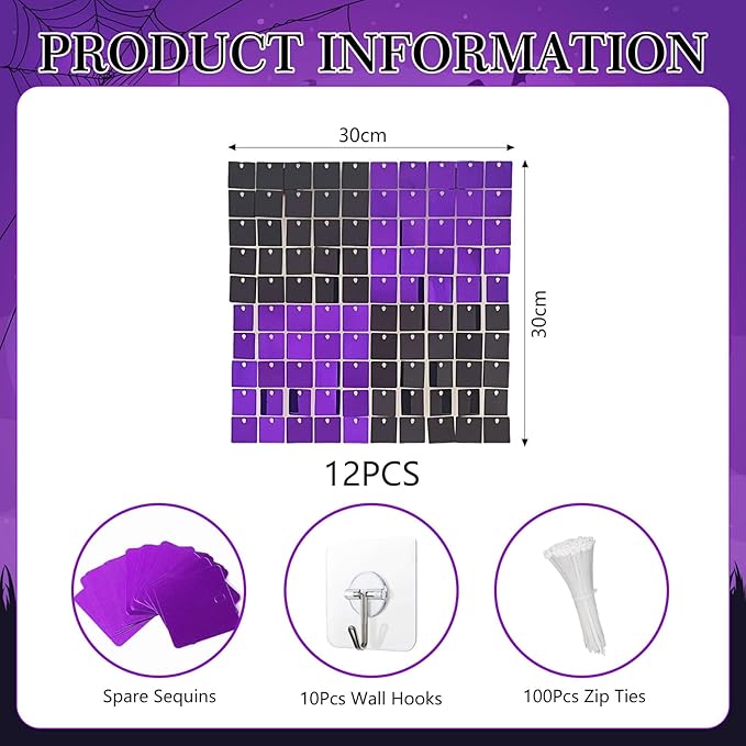 12PCS Black Purple Shimmer Wall Backdrop, Square Sequin Photo Backdrops Panel, Glitter Wall Background for Birthdays, Weddings, Christmas, Engagements, Halloween Party Decor (3FTx4FT)