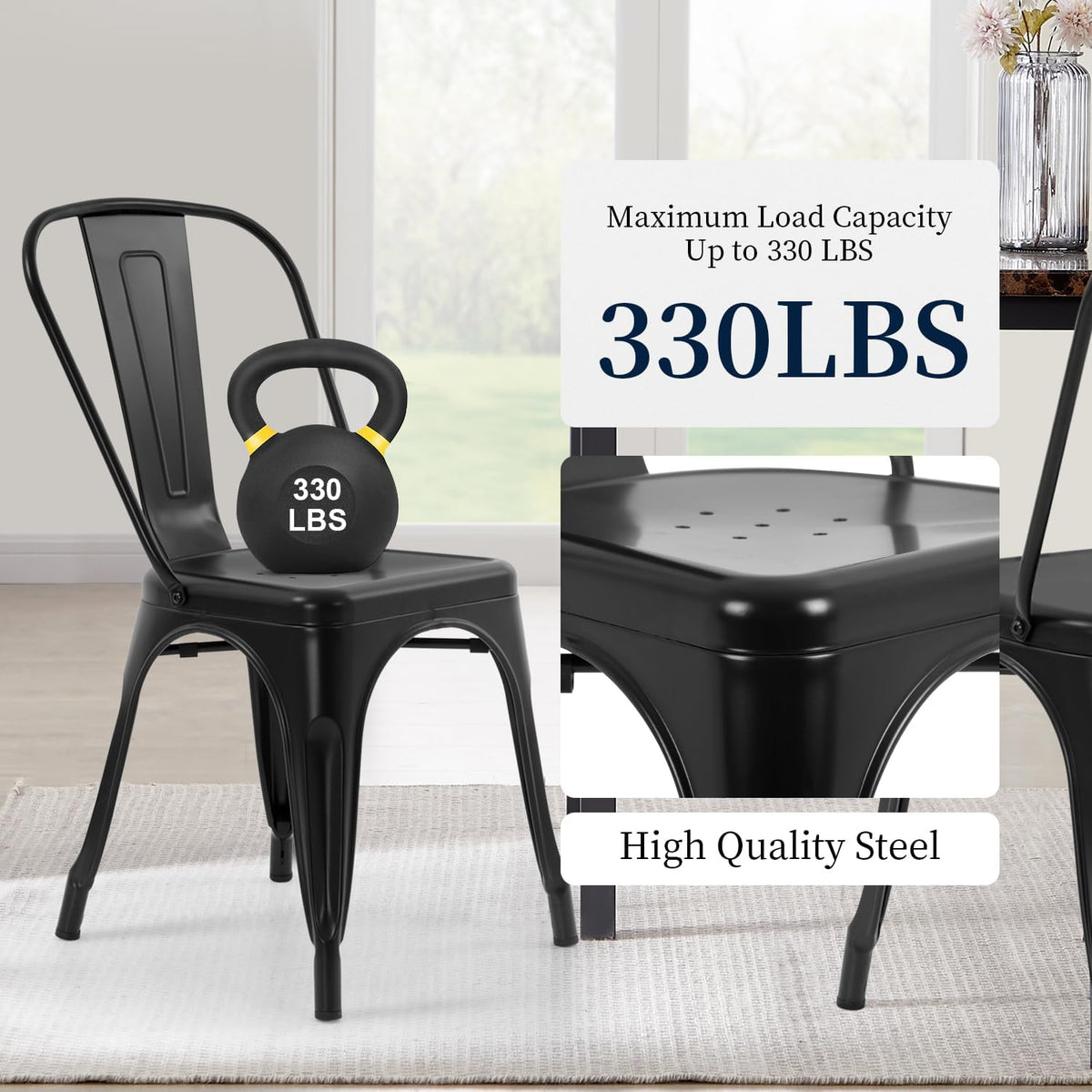 FDW | Metal Dining Chairs | Set of 4, Black | 330lbs Load