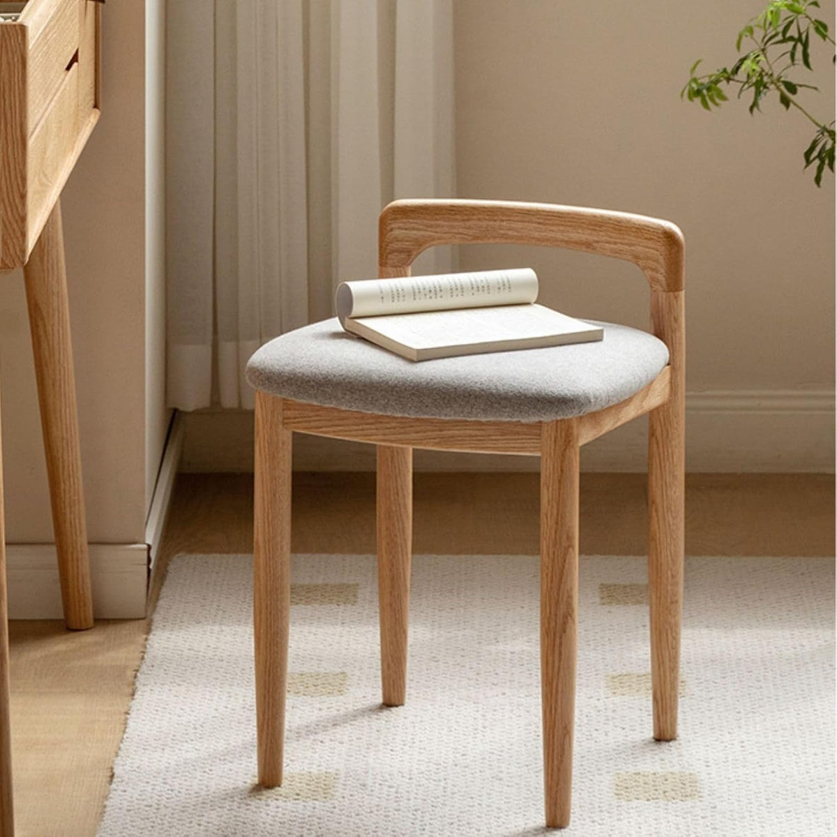 Vanity Stool-Natural Beech Wood Vanity Chair, Wooden Chair for Vanity with Upholstered Cushions for Living Room, Bedroom