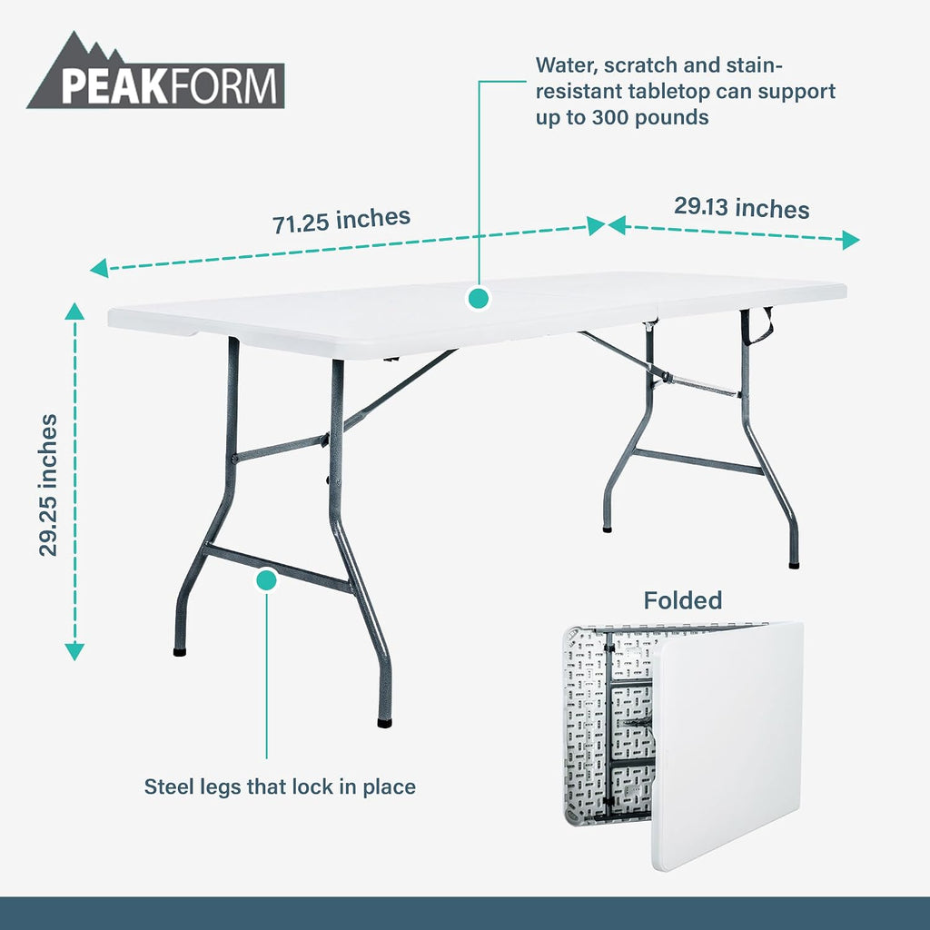 Peakform Multipurpose Banquet Fold-in-Half Table Lightweight Durable Desk with Secure Base for Indoor and Outdoor Events, 6 Foot, White