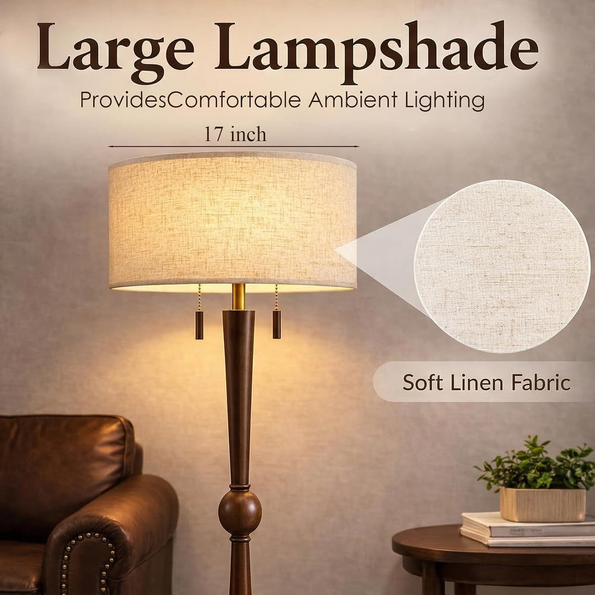 MOFFE Solid Wood Floor Lamp for Living Room with Wooden Pull Chains