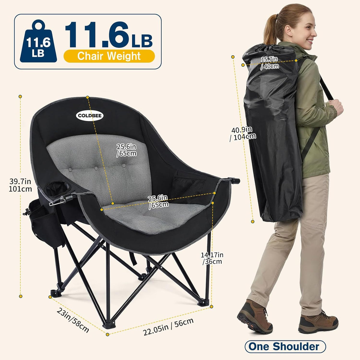 2PCS Oversized Camping Chairs, Heavy Duty Padded, Thick Headrest, Black