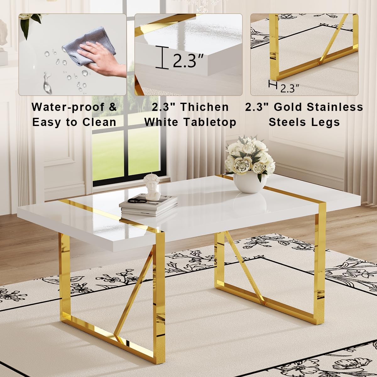 Ebullient 71“ White Dining Table, Modern Dining Room Table for 6-8, Kitchen Table with MDF Top and Gold Stainless Steels Legs, Rectangular Dining Table for Home Living Room