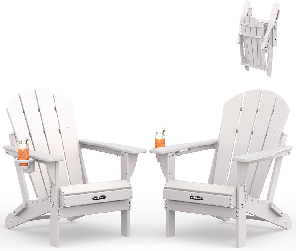 MUCHENGHY Folding Adirondack Chairs Set 2, HDPE for Fire Pit, White (Set of 2)