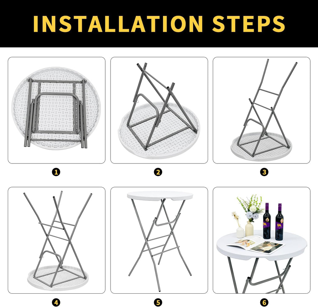 31.5" L X 31.5" W X 43" H - Cocktail Table White High Top Folding Table, Portable Bar Height Folding Table Round with Detachable Gray Legs