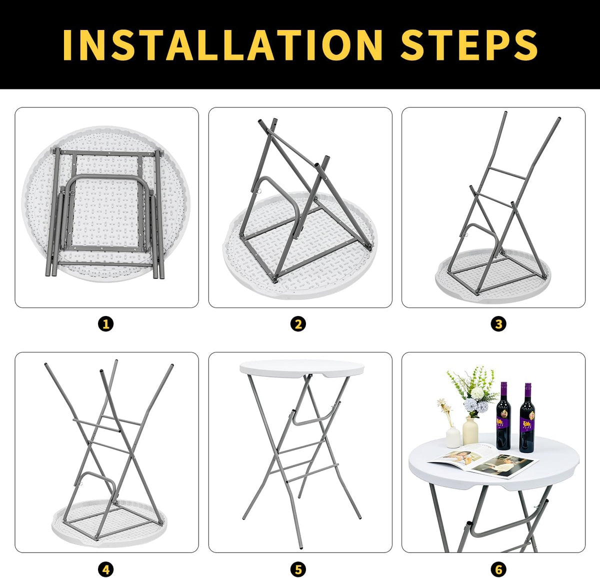 31.5" L X 31.5" W X 43" H - Cocktail Table White High Top Folding Table, Portable Bar Height Folding Table Round with Detachable Gray Legs