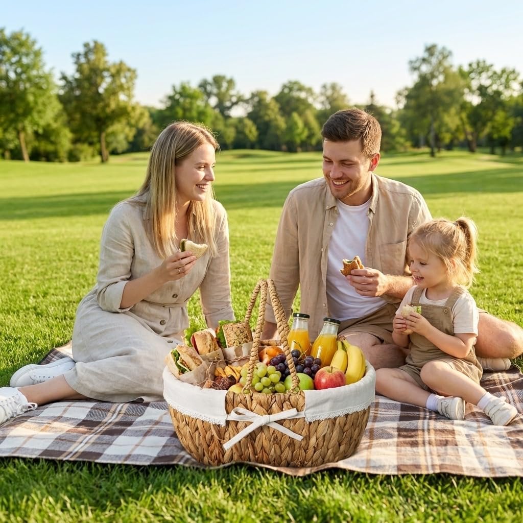 Large Picnic Basket, Woven Water Hyacinth with Handles for Camping