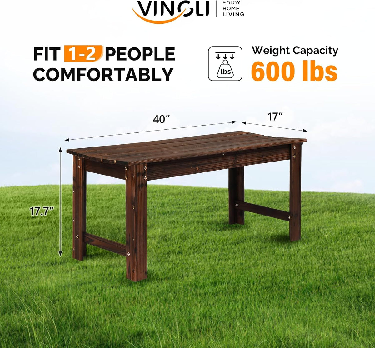 vingli outdoor wood bench, 40" outdoor bench patio, side view