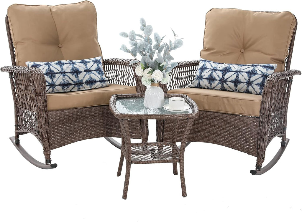 Patio Furniture Set 3 Pieces, Wicker Outdoor Rocking Bistro Set, Khaki