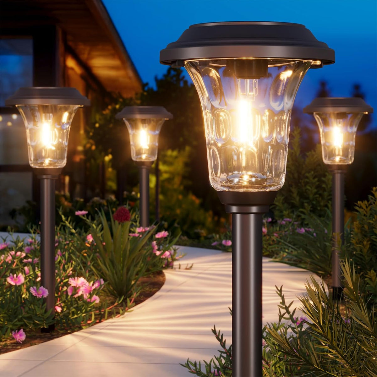 XMCOSY+ Solar Lights Outdoor, 6 Pack Metal Glass Solar Pathway Lights