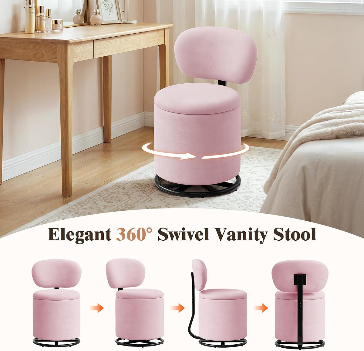 LIVELYGLOW Pink Velvet Swivel Vanity Chair with Storage Makeup Stool