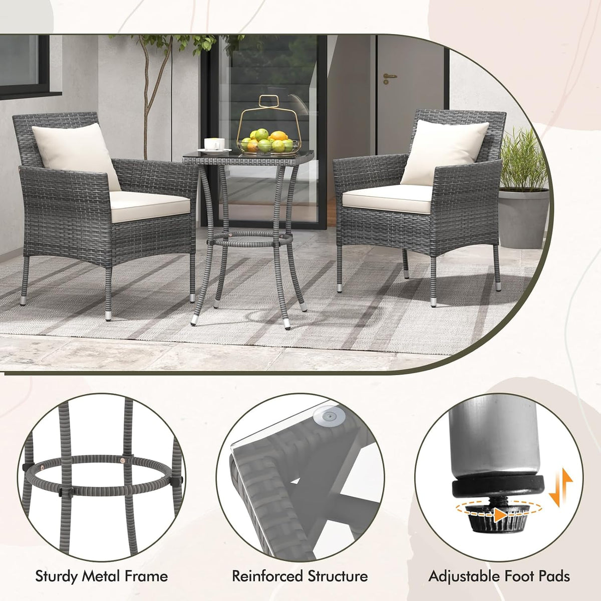 DORTALA Wicker Patio Furniture Set 3 Piece, Small Outdoor Table & Chairs with Tempered Glass Tabletop, Cushions, Rattan Conversation Bistro Set for Balcony, Porch, Backyard, Deck, Mix Gray+Off White