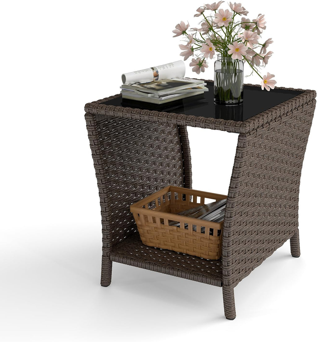 kinbor Outdoor Wicker Side Table, Tempered Glass Top & Storage Shelf, Brown