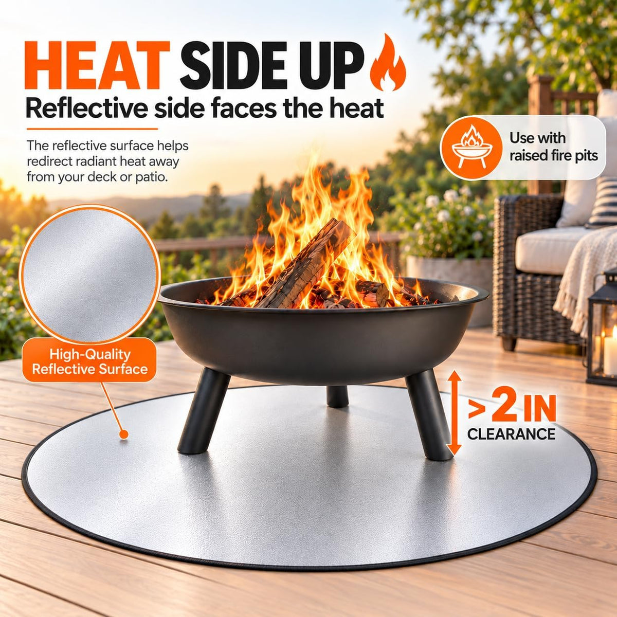 FLASLD 38 Inch Fire Pit Mat, 3-Layer Reflective Heat Barrier for Fire Pits