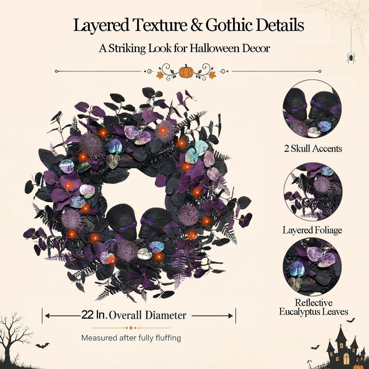 22" Prelit Halloween Wreaths for Front Door with 40 LEDs