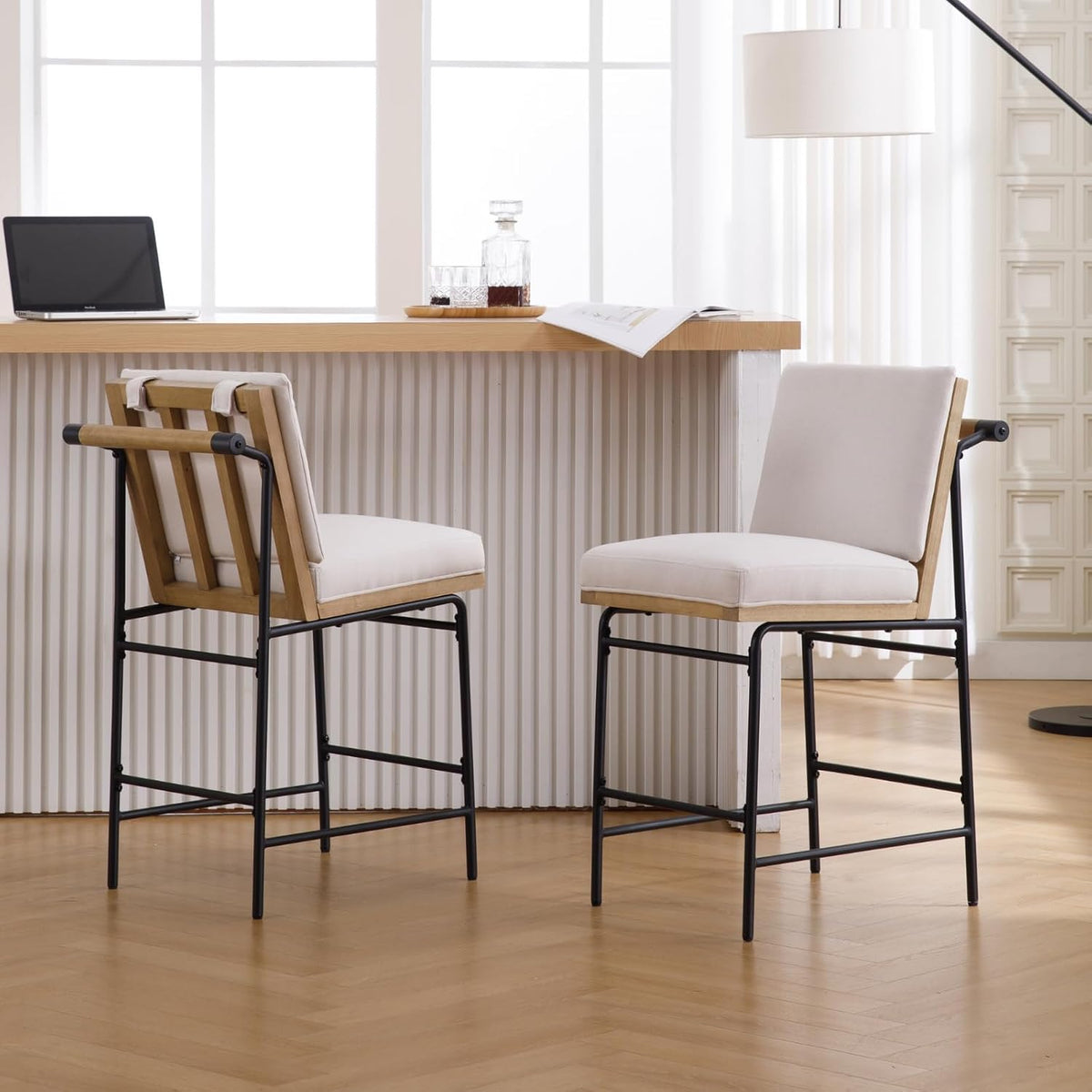 DUOMAY Mid Century Linen 26" Seat Height Counter Stools Set of 2, Beige