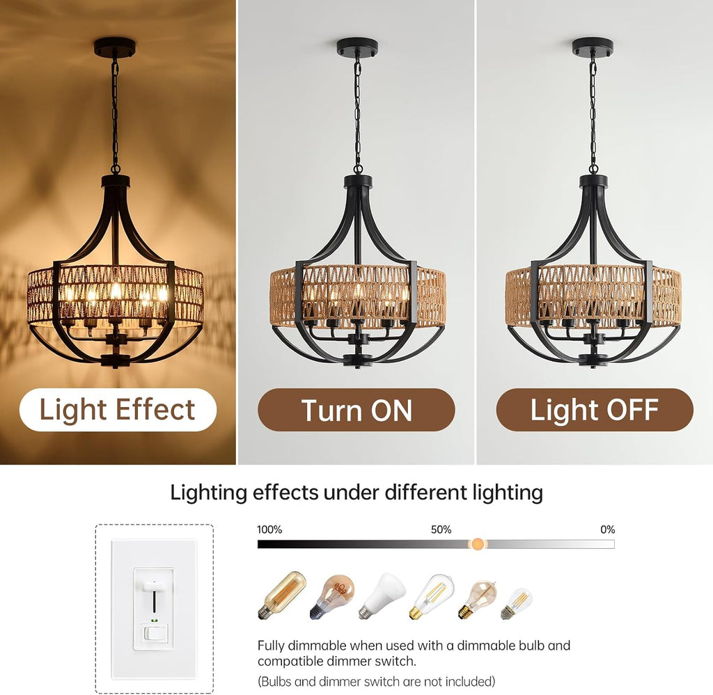 20" Rattan Chandelier, 5-Light Black Farmhouse Pendant Light