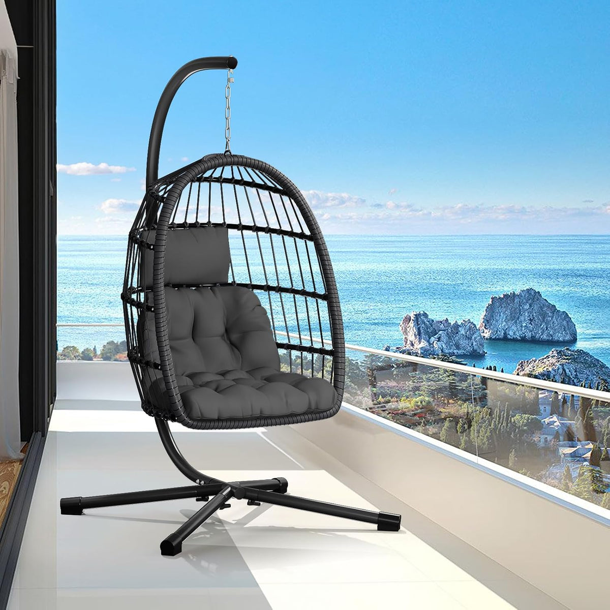 CHABATREE Egg Chair with Stand,Patio Rattan Wicker Hanging Swing Egg Chair Hammock Chair for Bedroom Porch Garden,Thickened Aluminum Alloy Steel Frame and UV Resistant Cushion,350LBS Capacity(Grey)