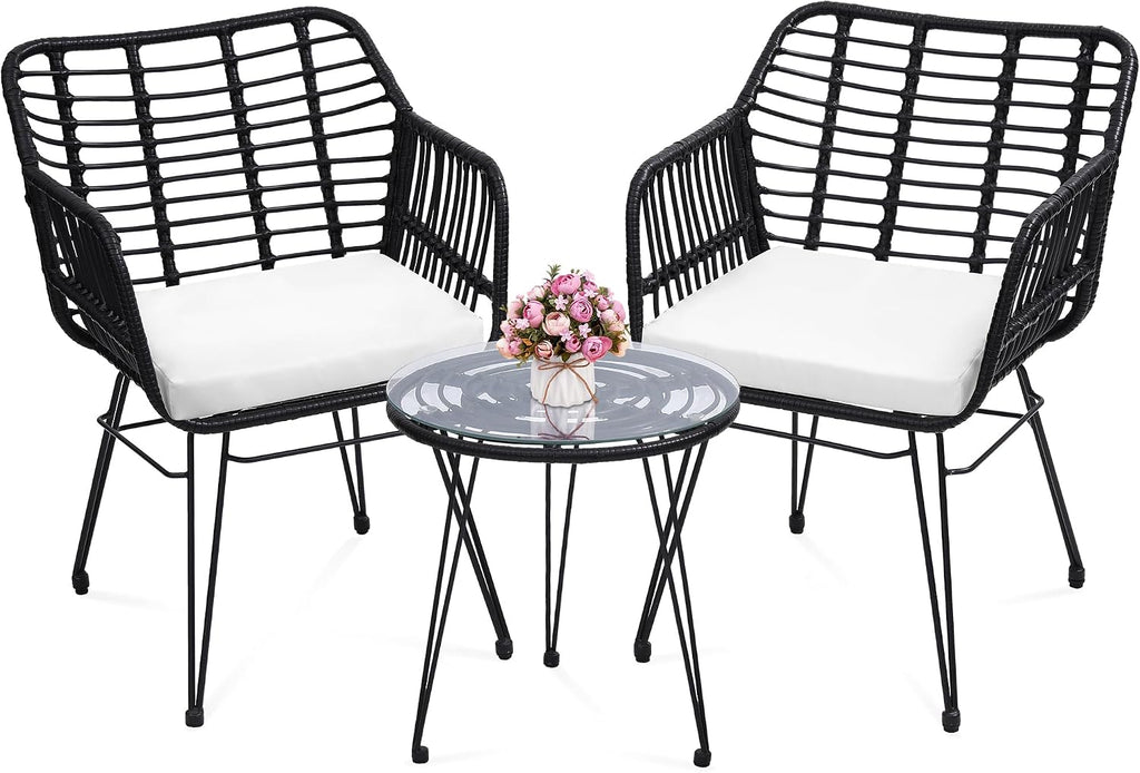 KROFEM 3 Piece Wicker Patio Bistro Furniture Set, Black