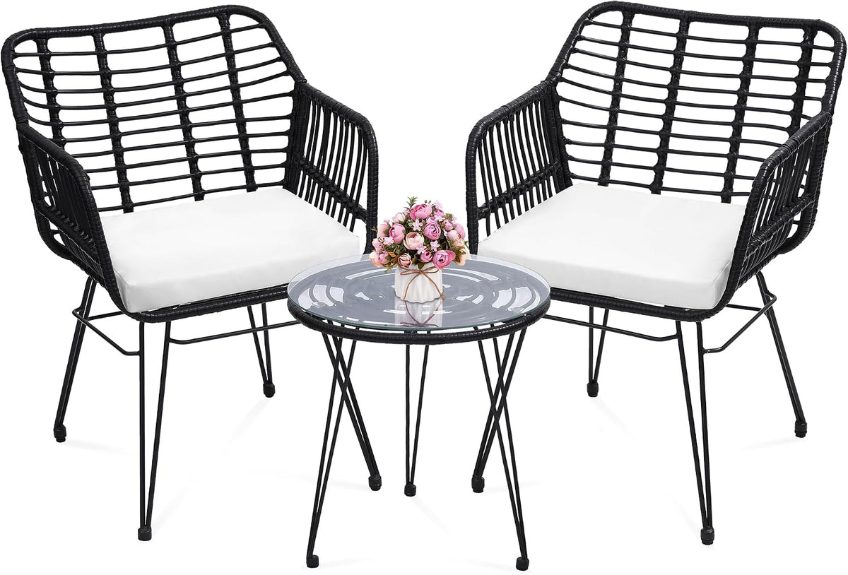 KROFEM 3 Piece Wicker Patio Bistro Furniture Set, Black